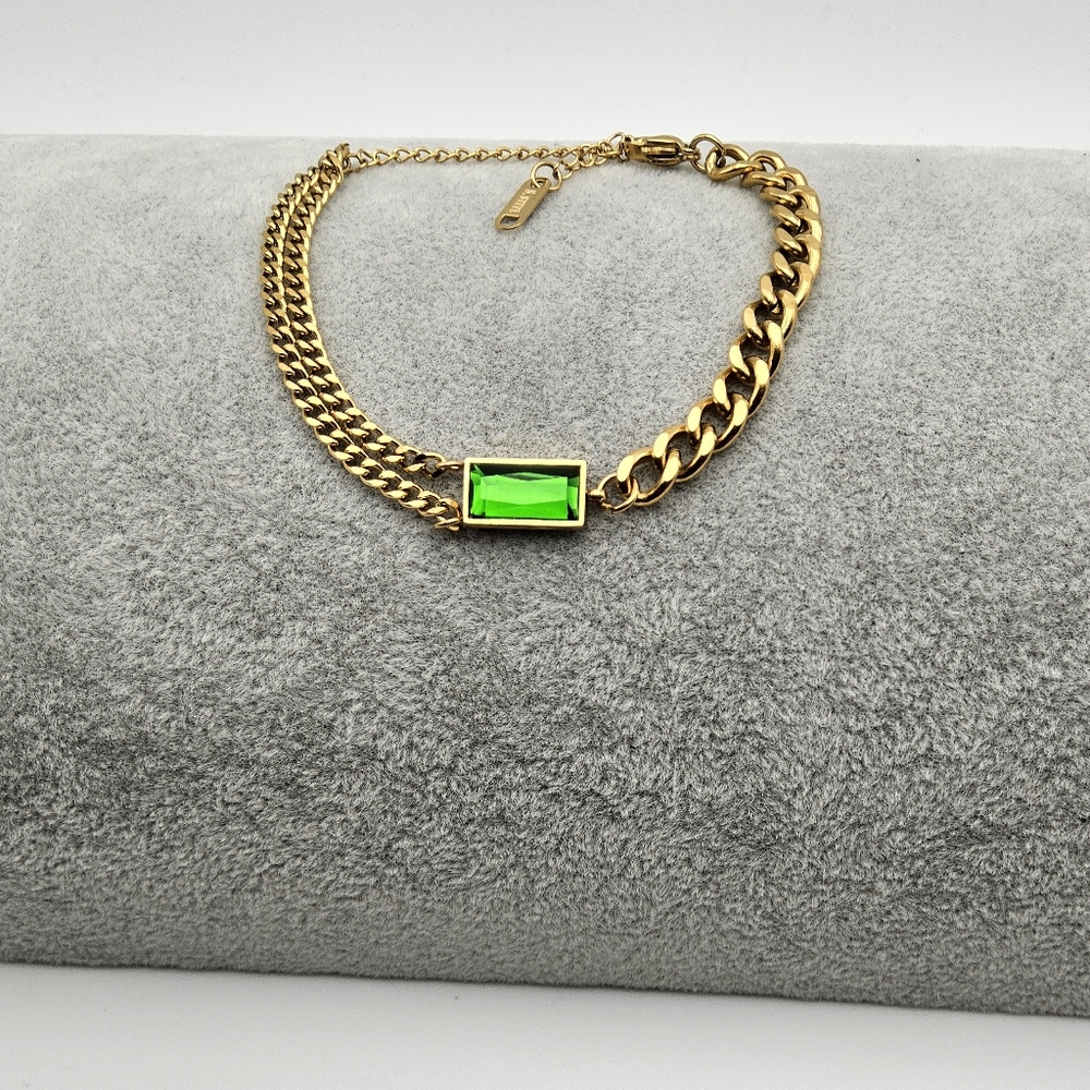 Cuban Link Chain Bracelet, Simulated Vibrant Green Stone, 18k Gold Plated